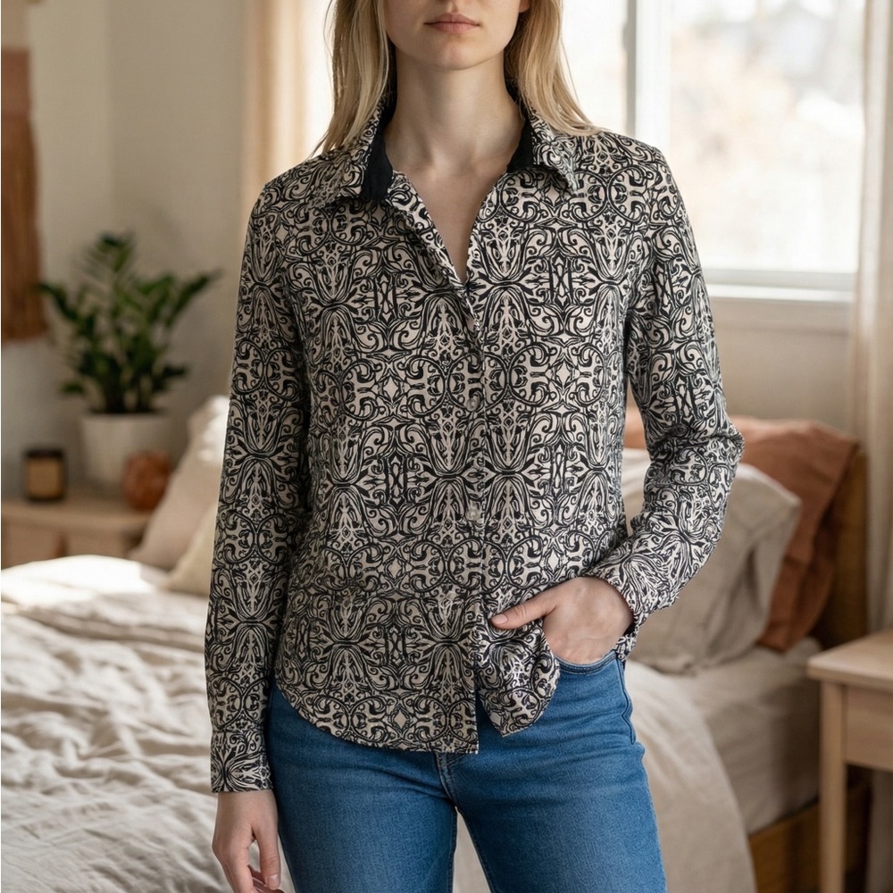 Christopher & Banks Black and Cream Printed Button-Up Shirt